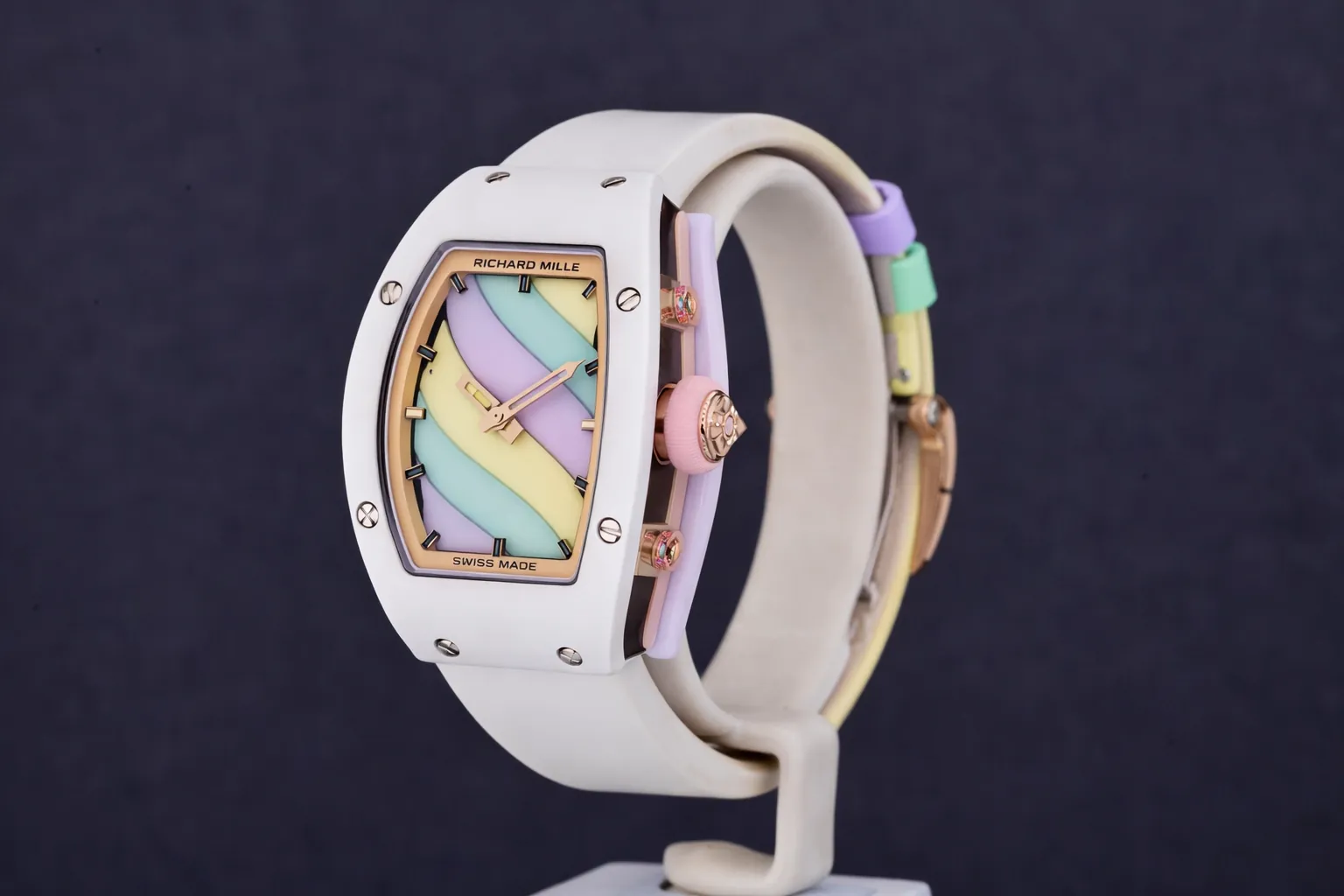 Richard Mille RM 07-03 Replica, White Ceramic Case Pastel Swirl Dial White Rubber Strap Luxury Ladies Wristwatch