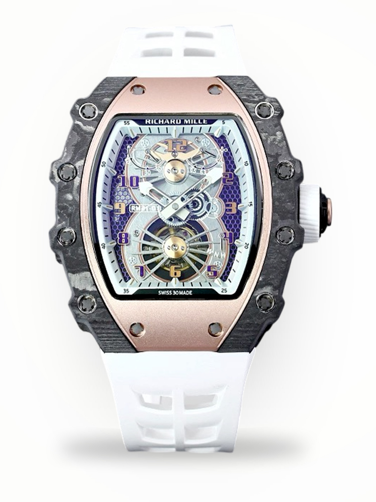 High-End Replica Richard Mille 21-01 Tourbillon Aerodyne Watch For Men – Carbon Fiber Skeleton Dial, White Rubber Strap
