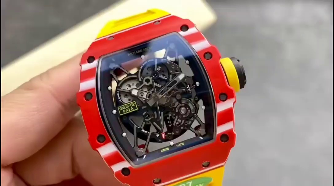 Best Richard Mille RM35-02 Replica – Red Carbon Case, Yellow Strap, Swiss Movement, Skeleton Dial