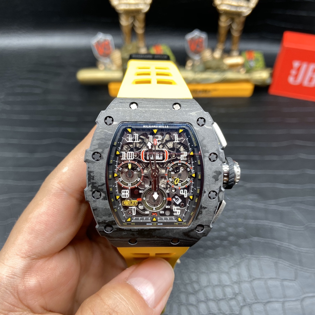 Best Swiss Replica Richard Mille RM 011 Skeleton Dial Watch – Carbon Fiber Case, Yellow Rubber Strap