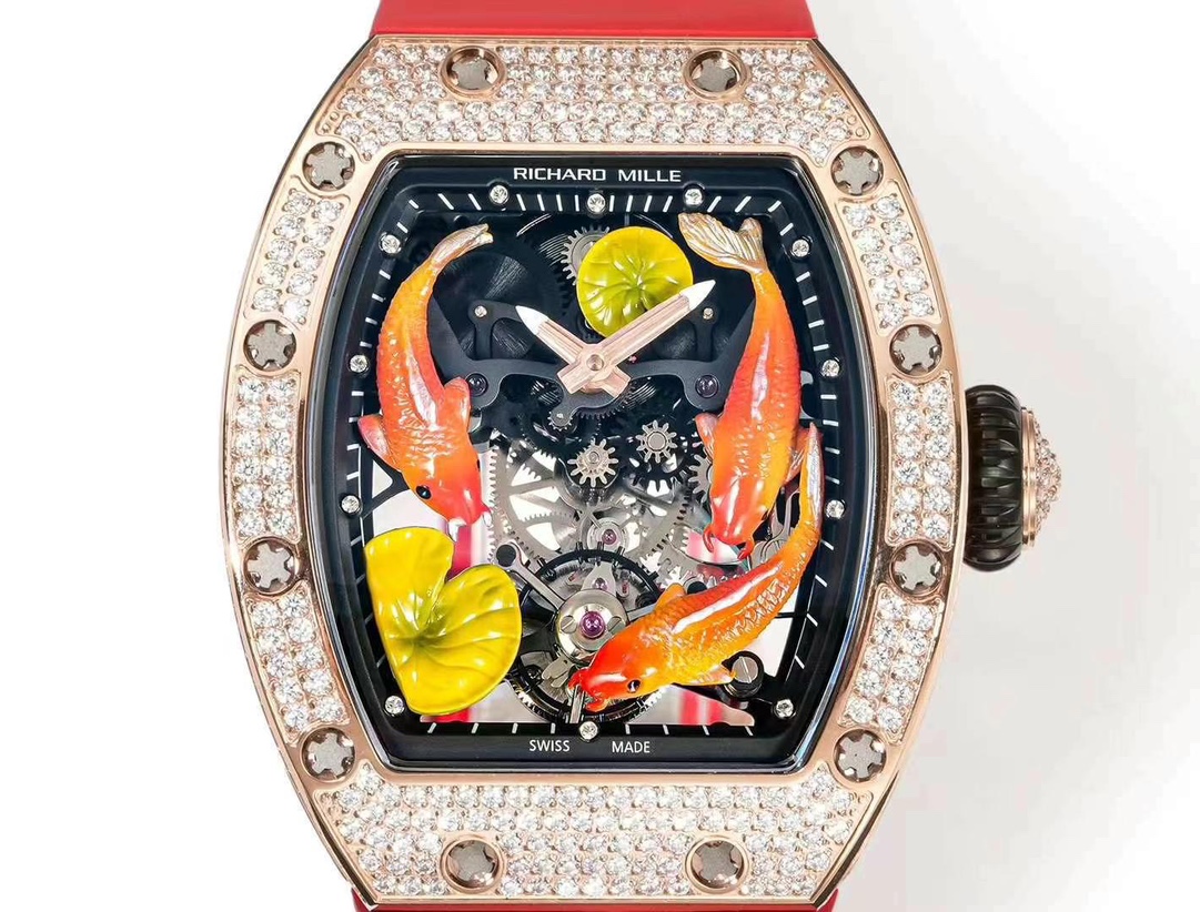 Replica Richard Mille RM S10 Koi Tourbillon Watch Rose Gold with Diamond - Red Rubber Strap