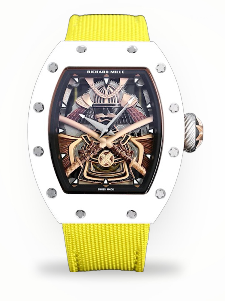 Best Replica Richard Mille RM 047 Tourbillon Watch For Men – Samurai Design, Ceramic Case, Skeleton Dial, Yellow Strap