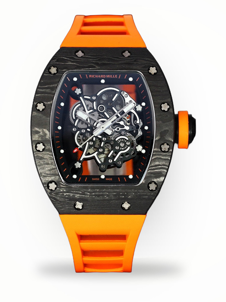Replica Richard Mille RM 055 – Bold Carbon Case & Skeleton Dial With Vibrant Orange Rubber Strap