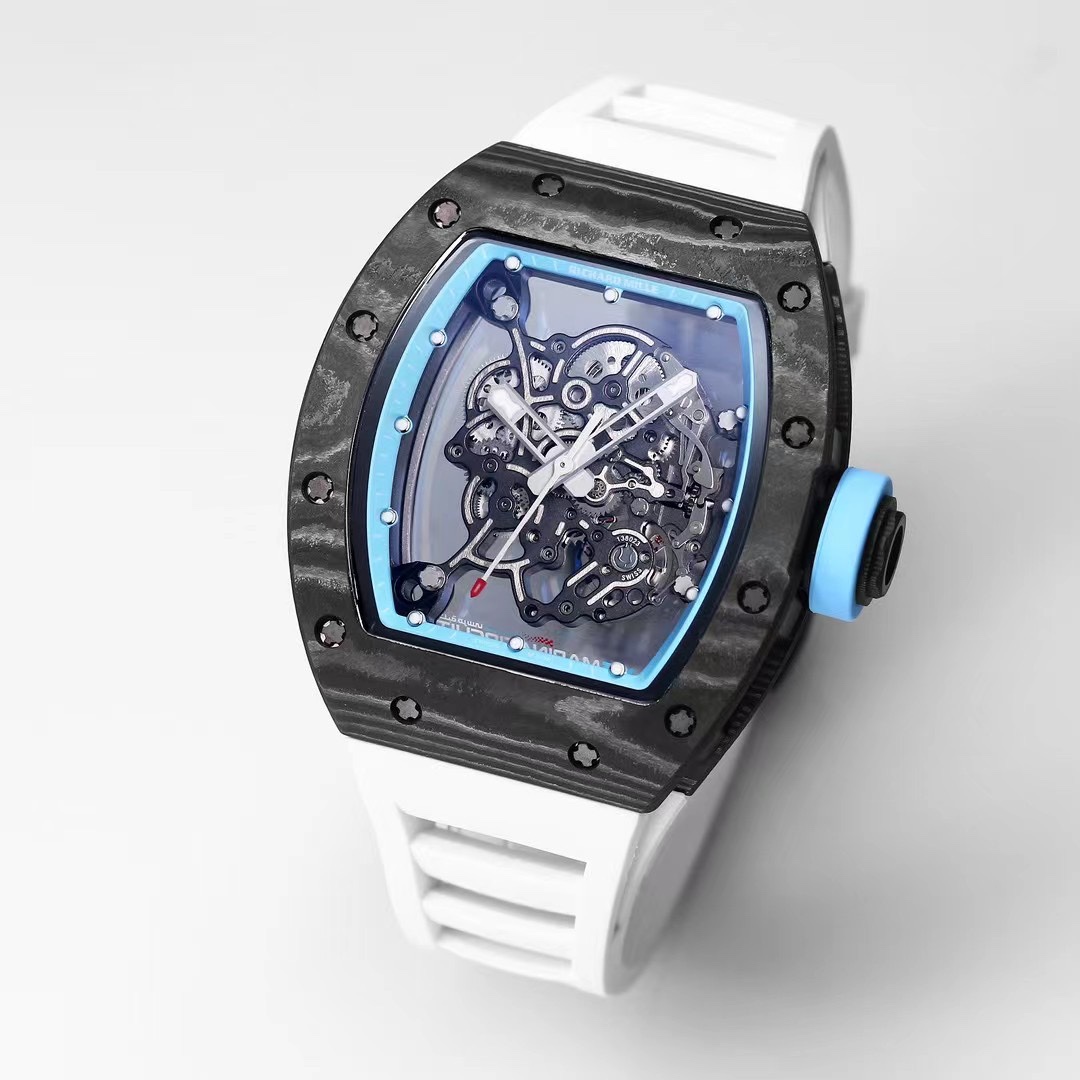 Best Replica RICHARD MILLE RM 055 Skeleton Watch - Swiss Movement Super Clone, Carbon Fiber Case, Sporty White Rubber Strap