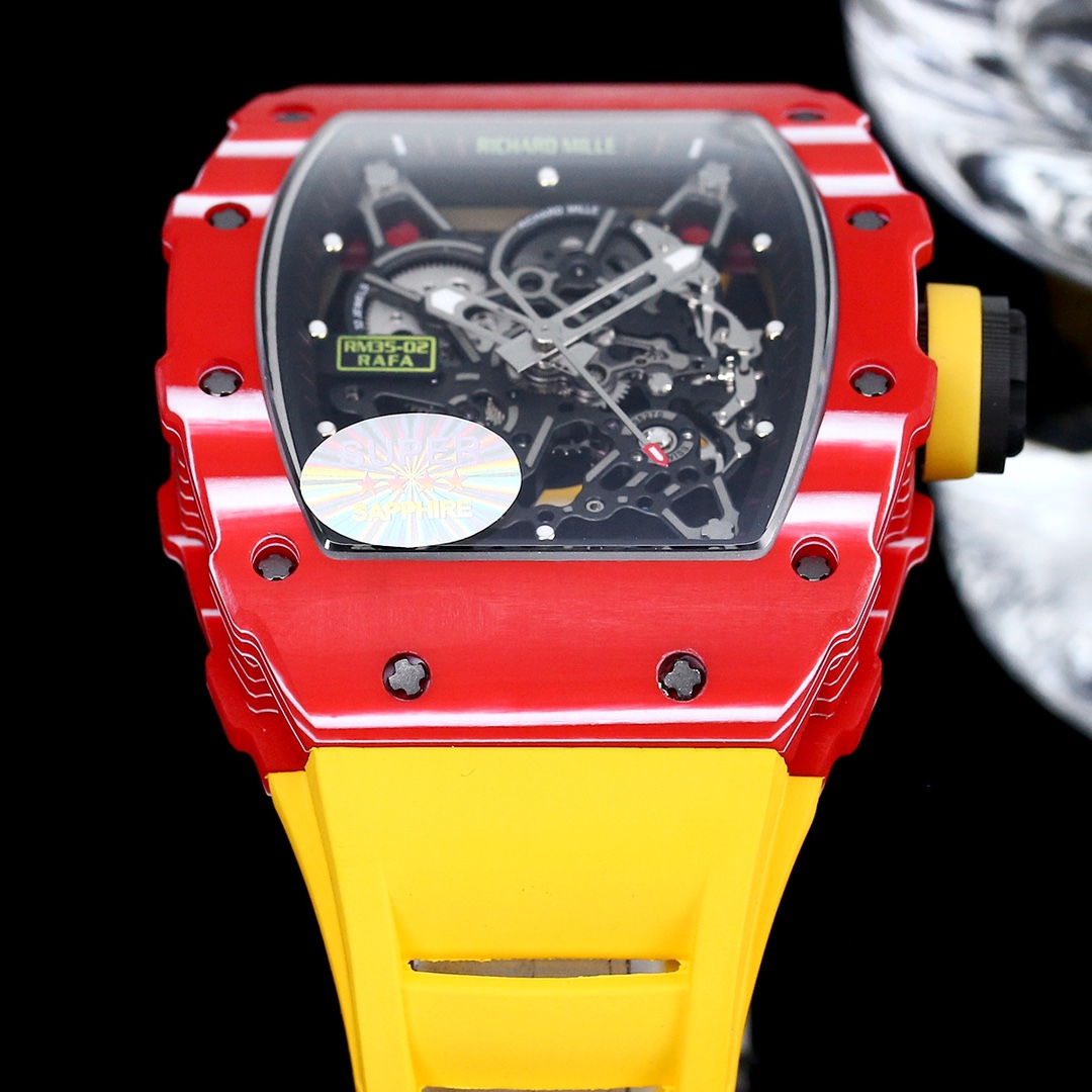 Premium Swiss Richard Mille RM 35-02 Replica Rafael Nadal Tourbillon Watch, Carbon Fiber Case, Yellow Strap