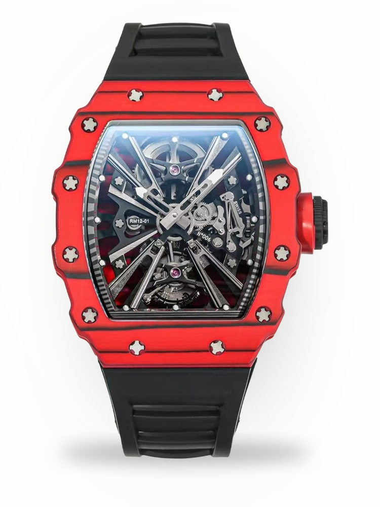 Richard Mille RM 12-01 Replica Swiss Tourbillon – Premium Red Carbon Case, Luxury Sports Watch