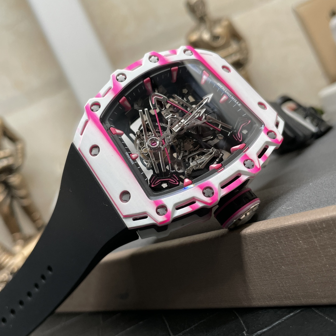 Richard Mille RM 38 02 Bubba Watson Replica Swiss Tourbillon 43mm White Pink Quartz TPT Skeleton Dial
