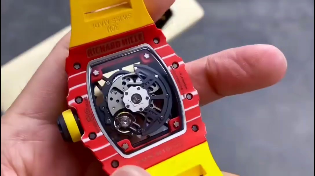 Best Richard Mille RM35-02 Replica – Red Carbon Case, Yellow Strap, Swiss Movement, Skeleton Dial