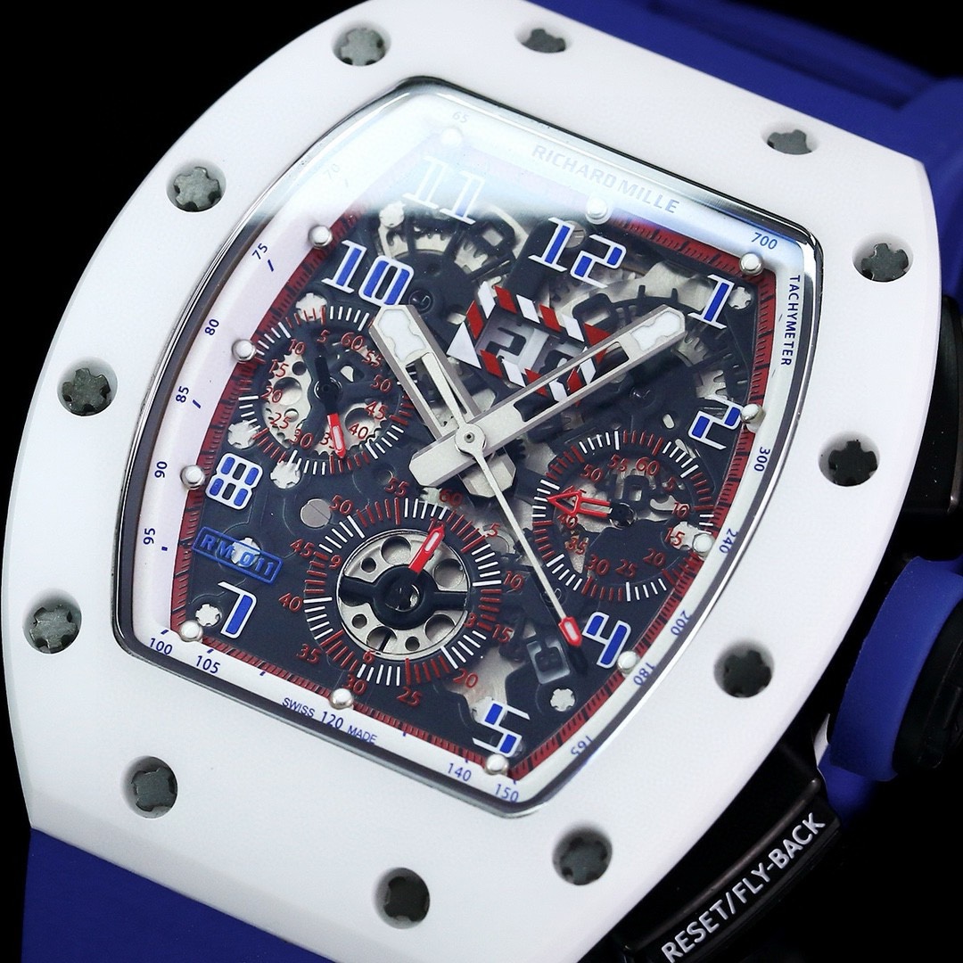 Luxury Replica Richard Mille RM 011-FM Watch – White Ceramic Case, Skeleton Dial, Blue Rubber Strap