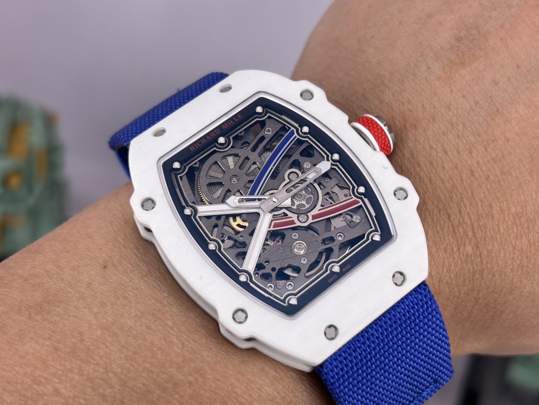 Ultra-Thin Swiss Richard Mille RM 67-02 Replica Alexis Pinturault – White Carbon TPT Case, Skeleton Dial, Blue Strap
