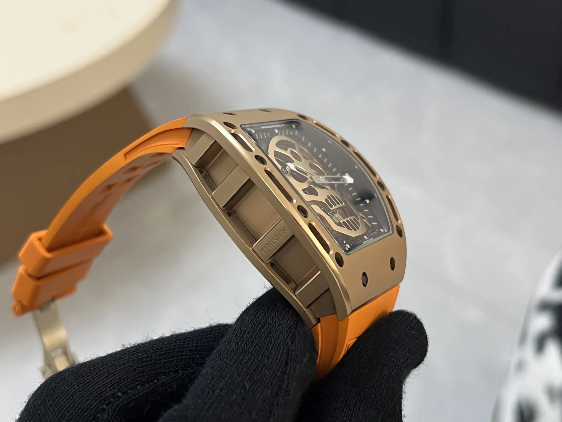 Richard Mille RM 052 Upgraded Tourbillon Movement Skull Rose Gold Super Clone - Orange Rubber Strap
