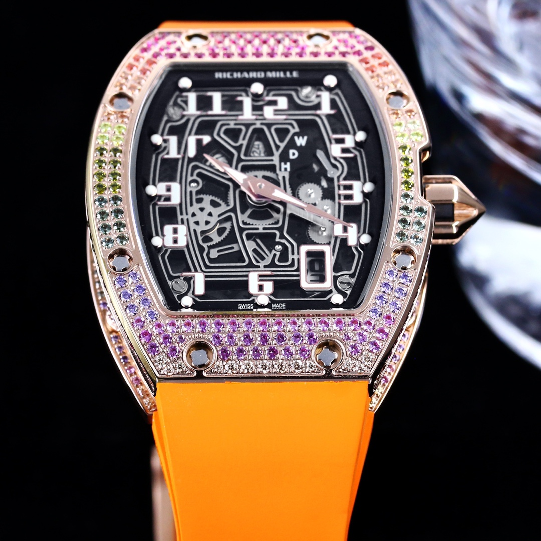 Luxury Replica Richard Mille RM 67-01 Rainbow Diamond Bezel With Orange Rubber Strap Watch