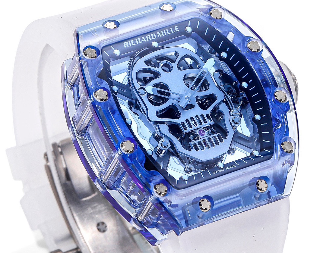 Swiss Richard Mille RM 052 Replica Tourbillon Skull Blue Sapphire Case Watch With White Rubber Strap – Bold Design