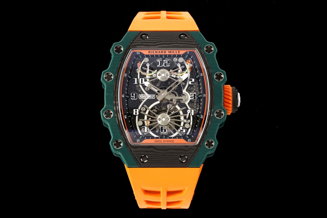 Richard Mille RM 21-02 Tourbillon Aerodyne Super Clone – Green Quartz TPT Carbon Skeleton Dial Replica