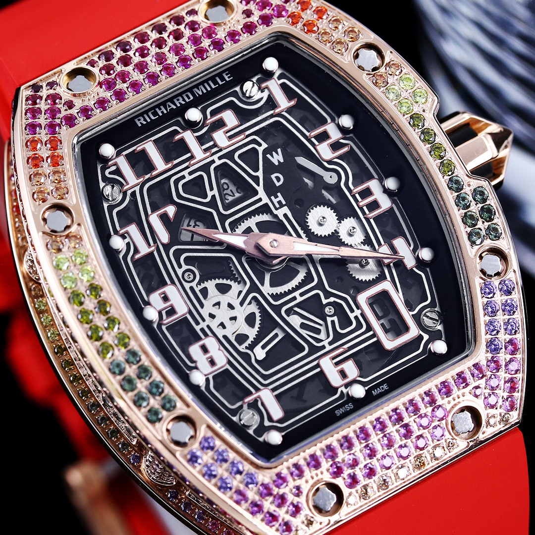 Luxury Replica Richard Mille RM 67-01 Colored Diamond Bezel Red Strap Watch – Skeleton Dial Men’s Timepiece