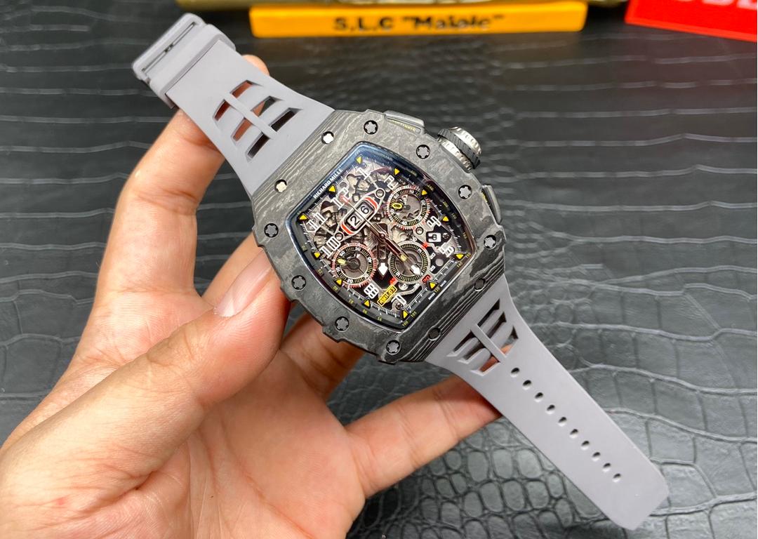 Swiss Richard Mille RM 11 Replica – 49mm Carbon Case, Skeleton Dial, Grey Rubber Strap