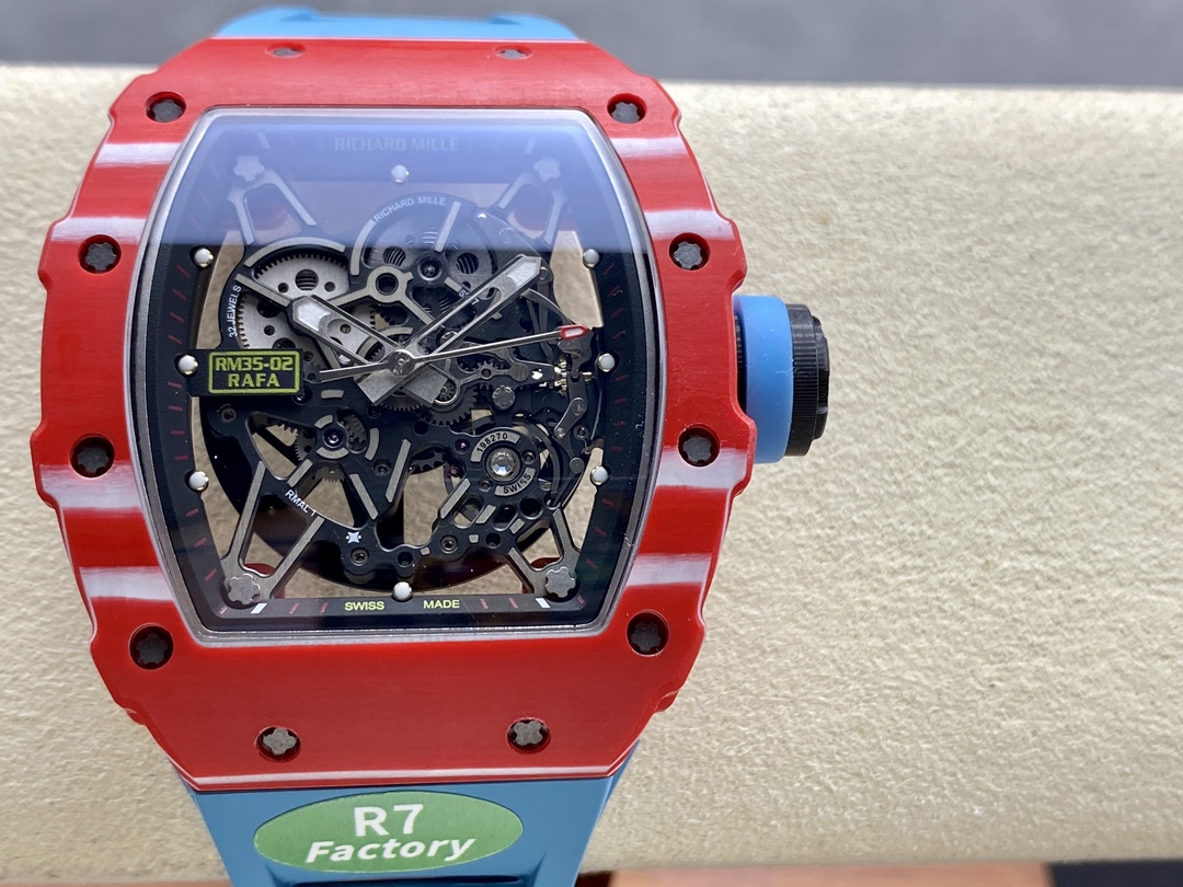 Premium Swiss Richard Mille RM35-02 Rafael Nadal Replica Tourbillon – Carbon Case & Blue Strap Luxury Skeleton Watch For Men