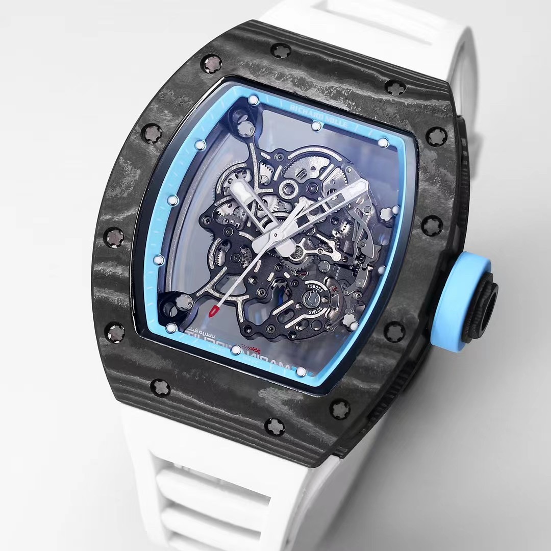 Best Replica RICHARD MILLE RM 055 Skeleton Watch - Swiss Movement Super Clone, Carbon Fiber Case, Sporty White Rubber Strap