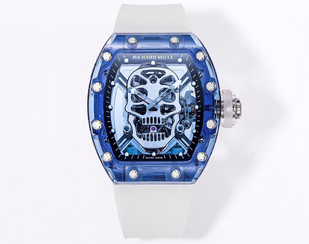 Swiss Richard Mille RM 052 Replica Tourbillon Skull Blue Sapphire Case Watch With White Rubber Strap – Bold Design