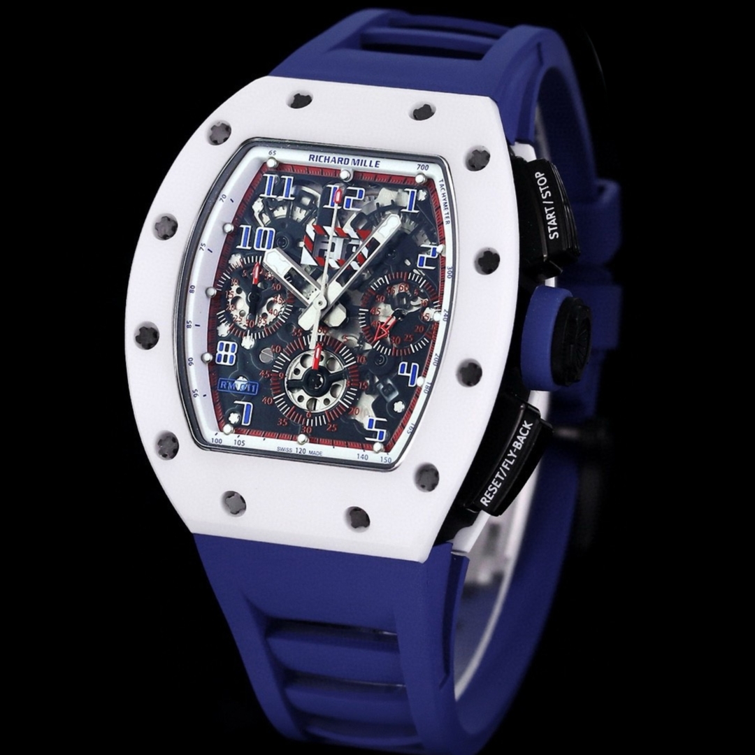 Luxury Replica Richard Mille RM 011-FM Watch – White Ceramic Case, Skeleton Dial, Blue Rubber Strap