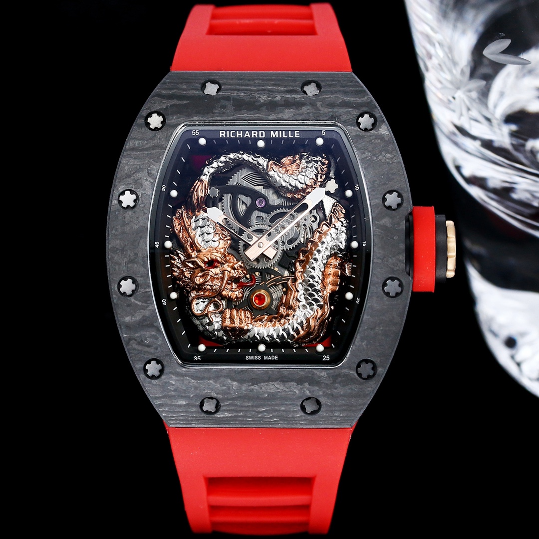 Swiss Replica Richard Mille RM 57-03 Dragon Skeleton Dial, Carbon Fiber Case, Red Rubber Strap Luxury Watch