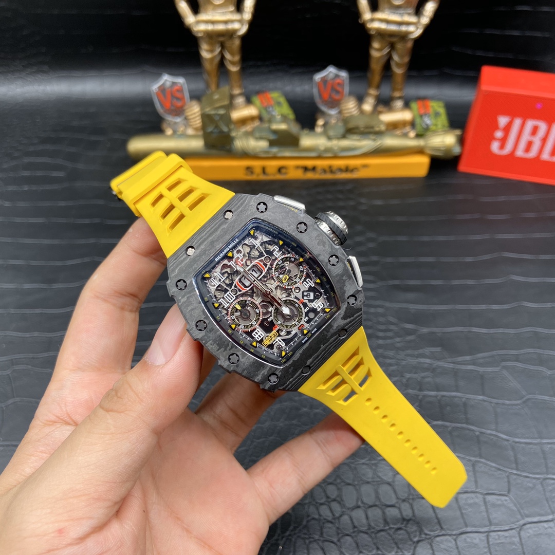 Best Swiss Replica Richard Mille RM 011 Skeleton Dial Watch – Carbon Fiber Case, Yellow Rubber Strap