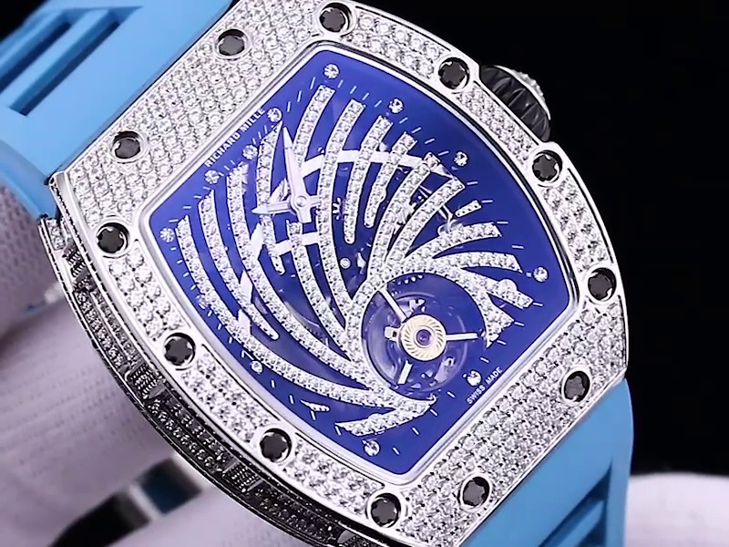 Luxury Swiss Richard Mille RM 51-02 Replica – Diamond-Paved Skeleton Dial, Blue Rubber Strap, High-End Tourbillon Watch