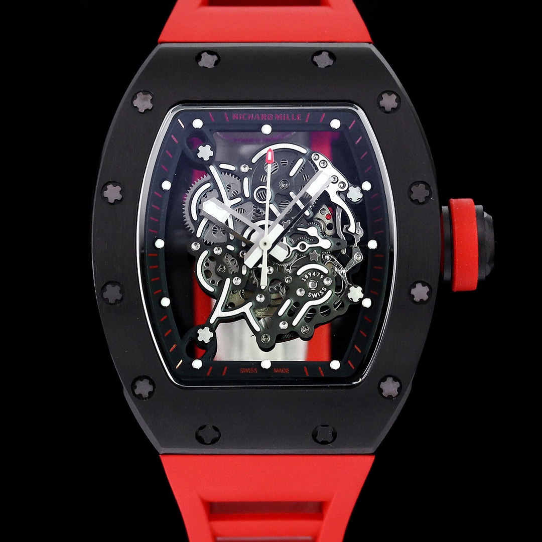 Luxurious Replica Richard Mille RM 055 Bubba Watson Black Ceramic Case with Red Rubber Strap – Bold Skeleton Dial