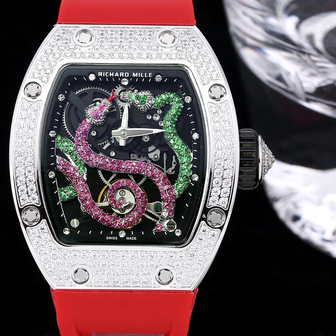 Luxurious Richard Mille RM 026 Replica Watch – Swiss Movement, Diamond-Set Steel Case, Red Rubber Strap For Elegance