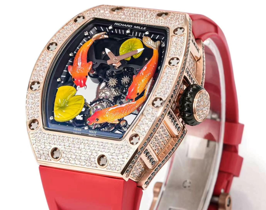 Replica Richard Mille RM S10 Koi Tourbillon Watch Rose Gold with Diamond - Red Rubber Strap