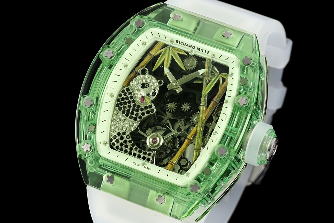 Luxury Replica Richard Mille RM 26-01 Panda Tourbillon Watch Full Crystal Case Skeleton Dial with White Rubber Strap