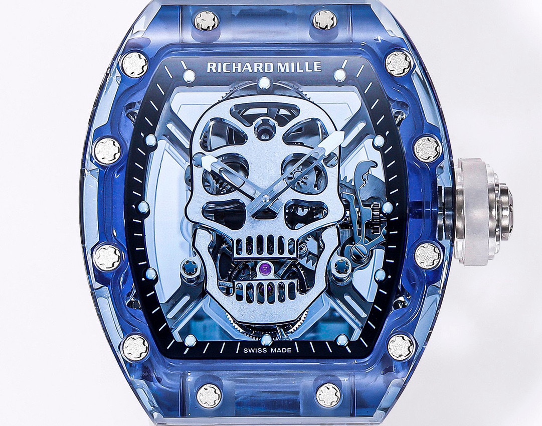 Swiss Richard Mille RM 052 Replica Tourbillon Skull Blue Sapphire Case Watch With White Rubber Strap – Bold Design