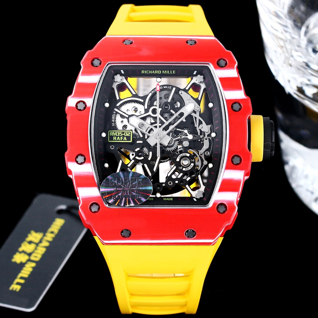 Premium Swiss Richard Mille RM 35-02 Replica Rafael Nadal Tourbillon Watch, Carbon Fiber Case, Yellow Strap