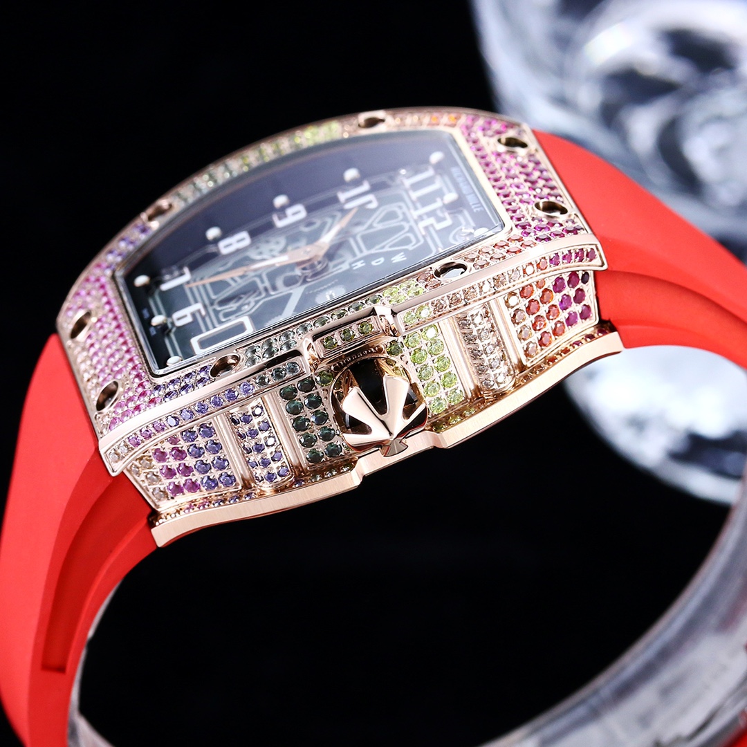 Luxury Replica Richard Mille RM 67-01 Colored Diamond Bezel Red Strap Watch – Skeleton Dial Men’s Timepiece