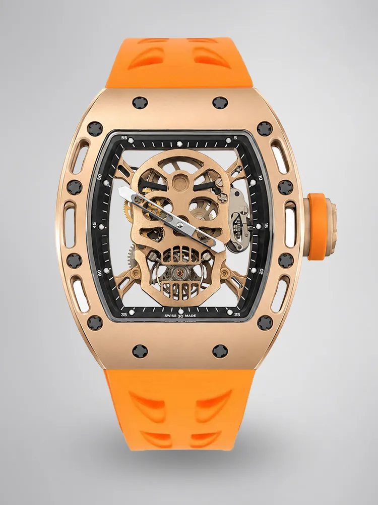 Richard Mille RM 052 Upgraded Tourbillon Movement Skull Rose Gold Super Clone - Orange Rubber Strap