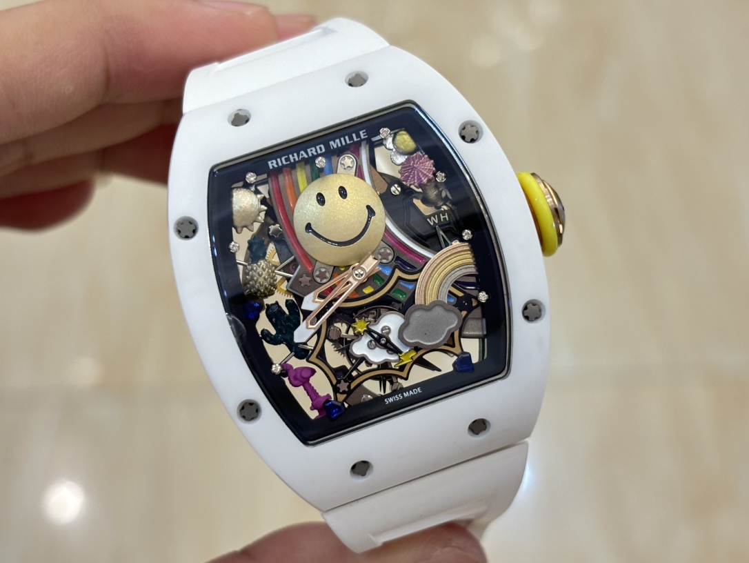 Best Richard Mille RM 88 Smiley Replica Swiss Automatic Tourbillon Watch with White Rubber Strap