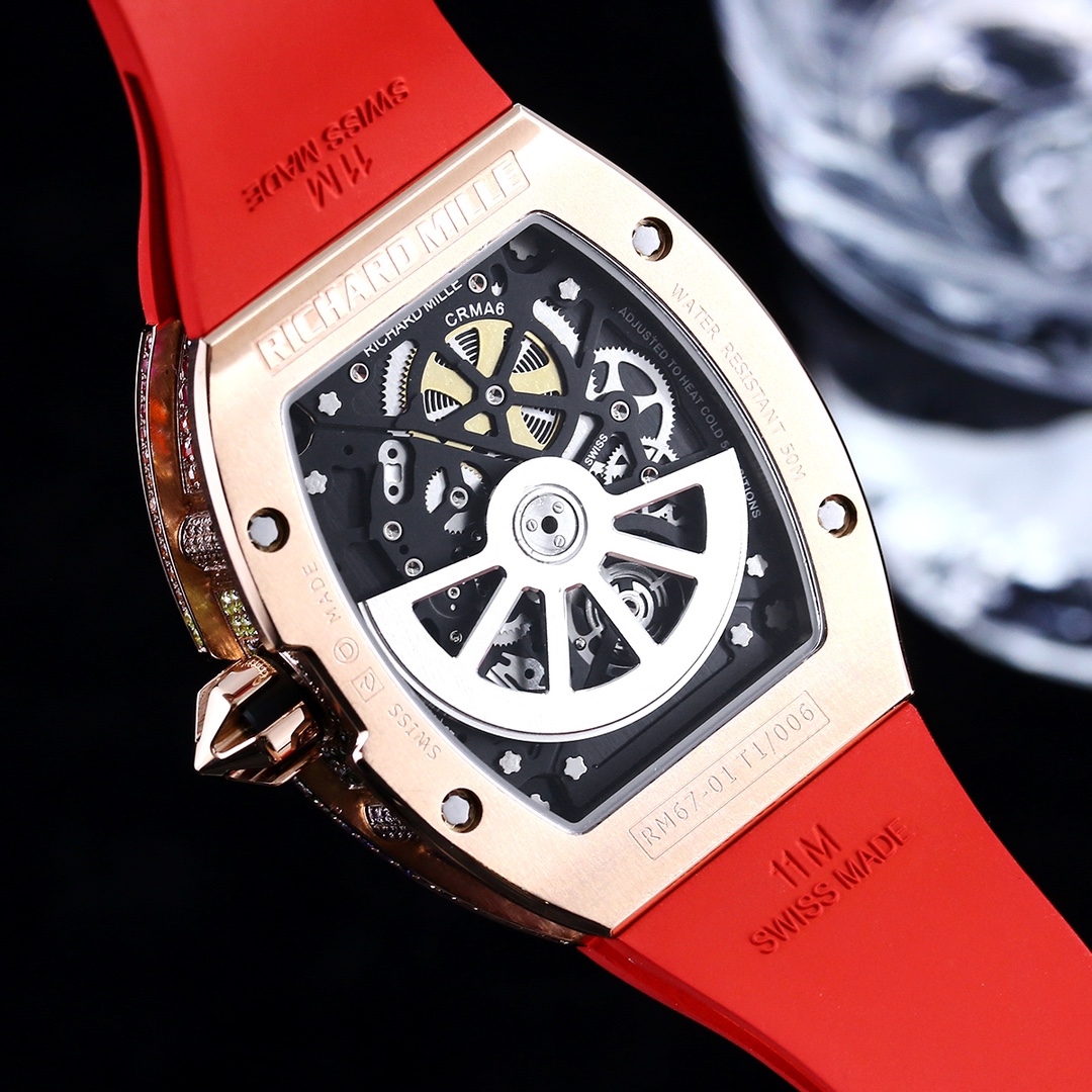 Luxury Replica Richard Mille RM 67-01 Colored Diamond Bezel Red Strap Watch – Skeleton Dial Men’s Timepiece