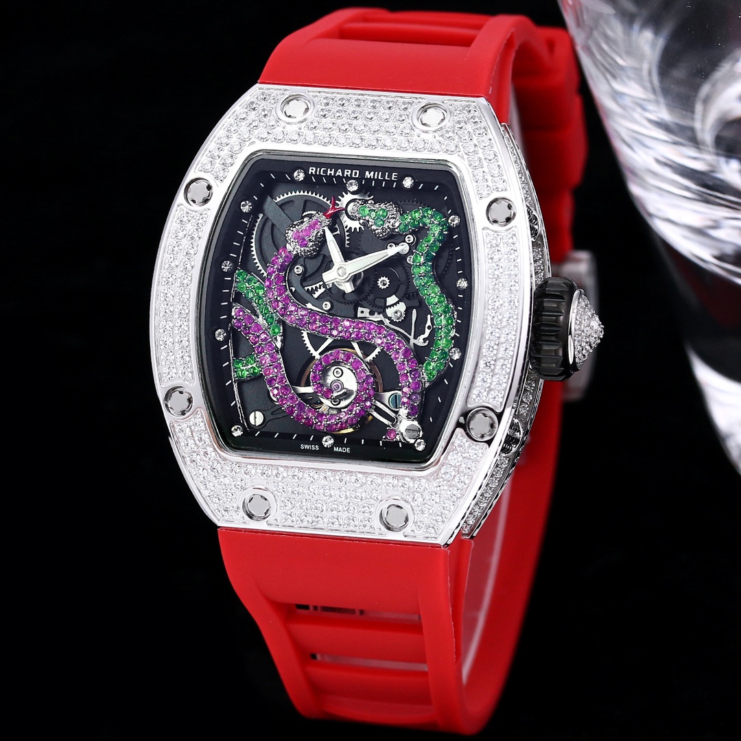 Luxurious Richard Mille RM 026 Replica Watch – Swiss Movement, Diamond-Set Steel Case, Red Rubber Strap For Elegance