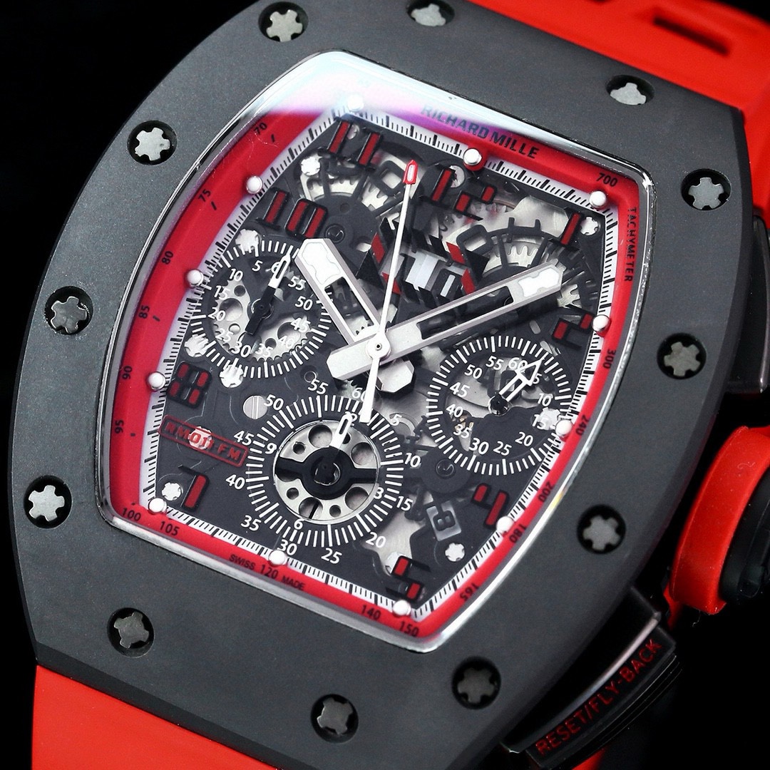 Luxury Men’s Richard Mille RM 011 Replica Watch, Black Ceramic Case, Red Rubber Strap
