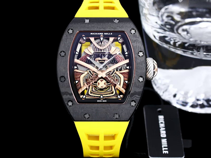 Swiss Samurai Skeleton Replica Richard Mille RM 047 Tourbillon Watch With Carbon Case And Yellow Rubber Strap