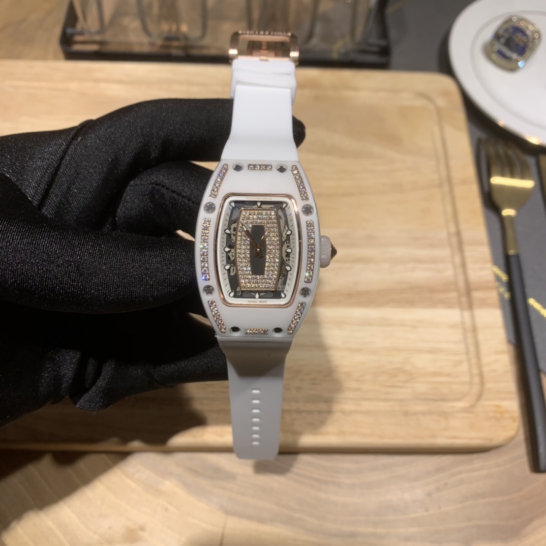 Elegant Swiss Richard Mille RM 07-01 Replica White Ceramic & Rose Gold Diamond Dial Watch – Luxury Style For Women