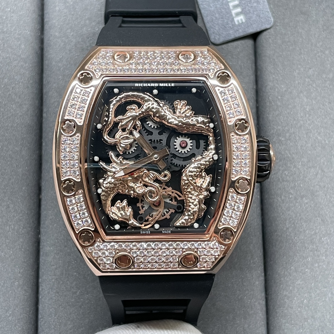 Swiss Richard Mille RM 51-01 Replica Tiger And Dragon Michelle Yeoh Watch with Diamond Bezel And Black Rubber Strap