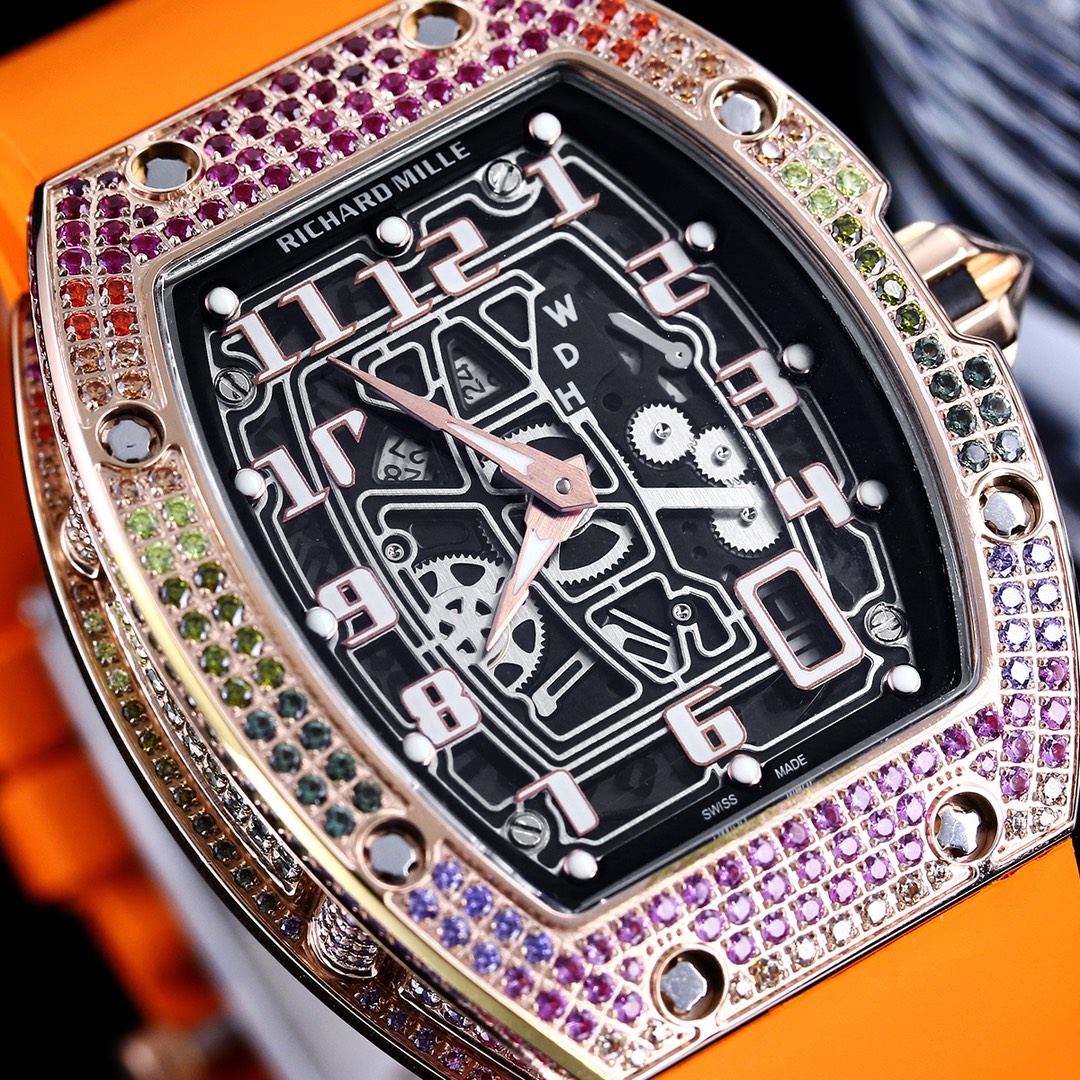 Luxury Replica Richard Mille RM 67-01 Rainbow Diamond Bezel With Orange Rubber Strap Watch