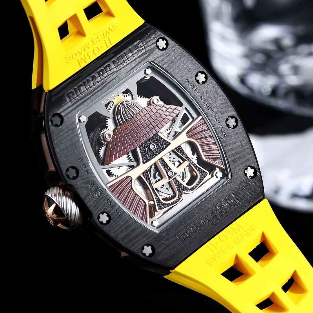 Swiss Samurai Skeleton Replica Richard Mille RM 047 Tourbillon Watch With Carbon Case And Yellow Rubber Strap