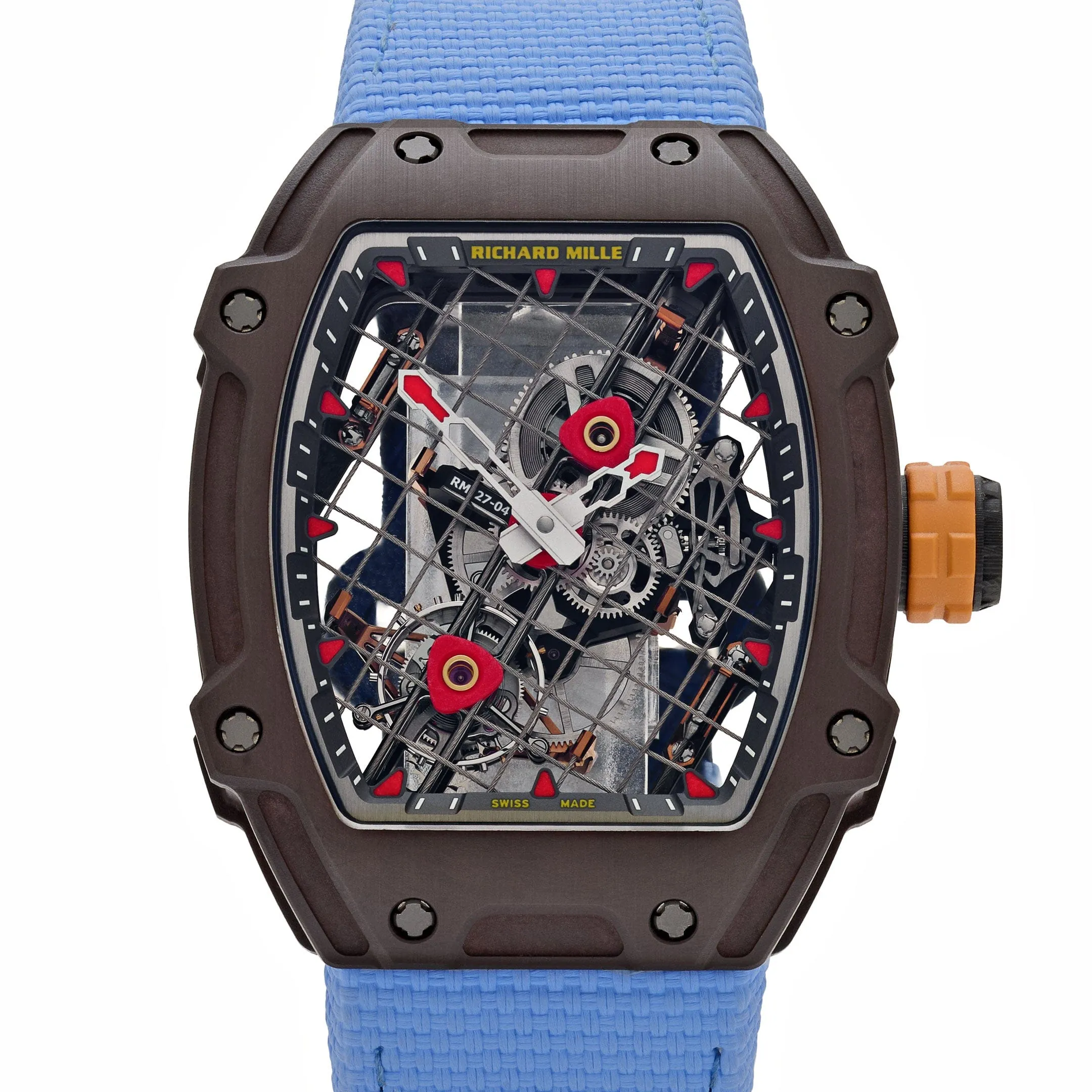 Richard Mille RM 27-04 Replica, Brown Carbon Case Skeleton Grid Dial Blue Nylon Strap Luxury Sports Wristwatch