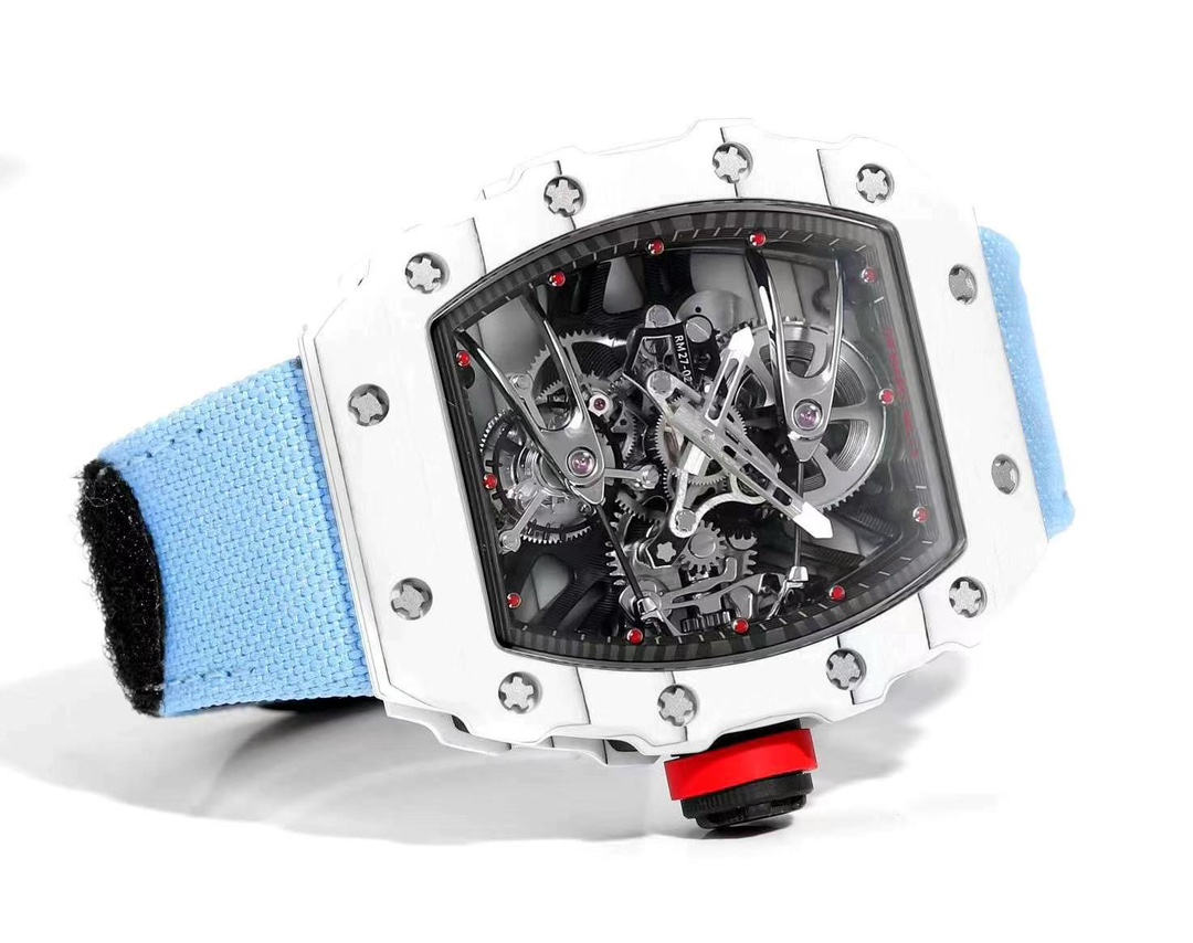 Best Richard Mille RM 27-02 Replica Rafael Nadal Tourbillon Watch – White Carbon Fiber Case, Blue Fabric Strap