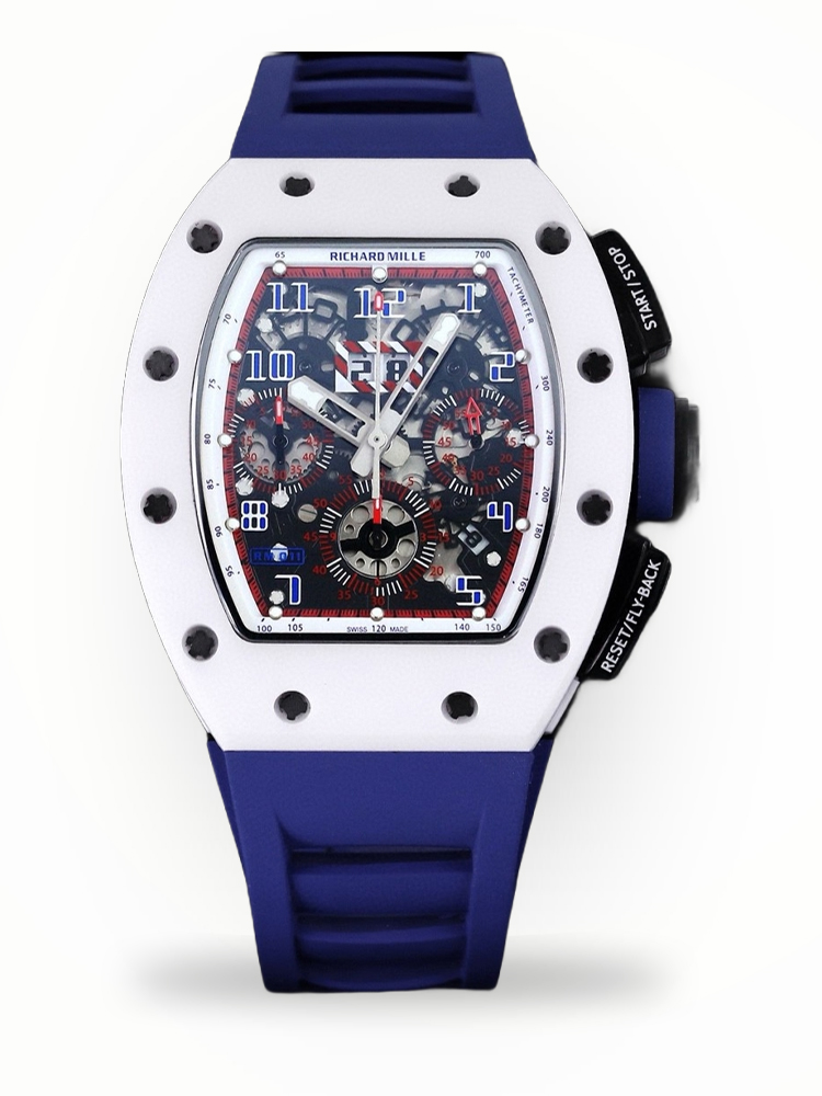 Luxury Replica Richard Mille RM 011-FM Watch – White Ceramic Case, Skeleton Dial, Blue Rubber Strap