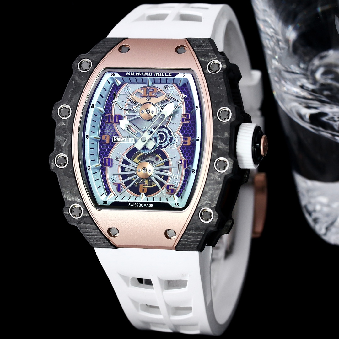 High-End Replica Richard Mille 21-01 Tourbillon Aerodyne Watch For Men – Carbon Fiber Skeleton Dial, White Rubber Strap
