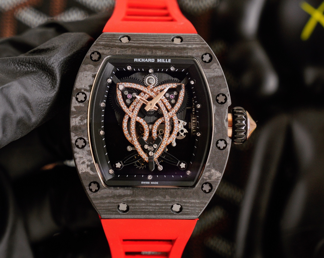 High-end Replica Richard Mille RM 019 NTPT Carbon Case Red Strap Tourbillon Watch Diamond Celtic Knot Skeleton Dial