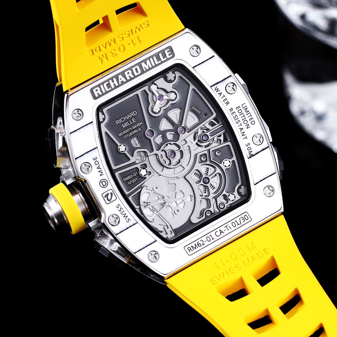 Replica Richard Mille 62-01 Tourbillon ACJ Watch with Yellow Rubber Strap – High-Precision Skeleton Dial & Titanium Case